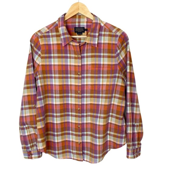 Pendleton Button Shirt Womens Petite Large Roll Tab Sleeves Plaid - Picture 1 of 7